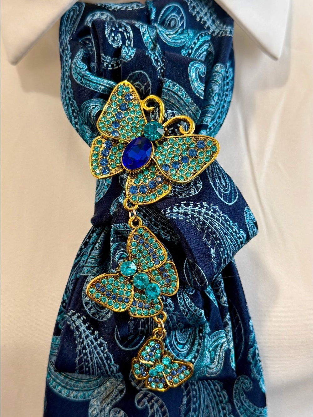 Blue Paisley Tie Necklace with Gold & Aqua Butterfly Brooch